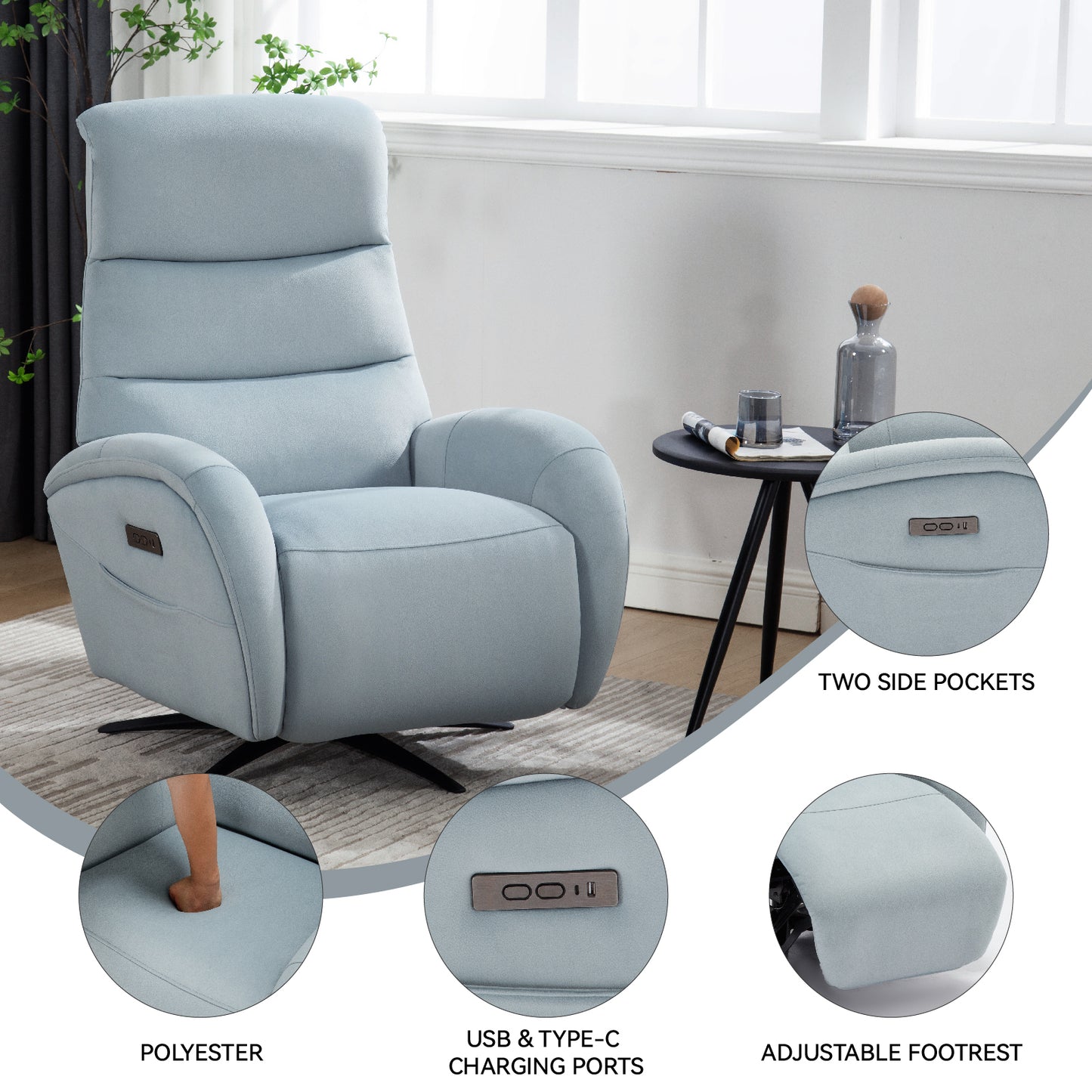 Blue Fabric Dual Motor 270° Swivel Power Recliner Chair With Heavy Duty Motion Mechanism, USB and Type-C Charging Ports.