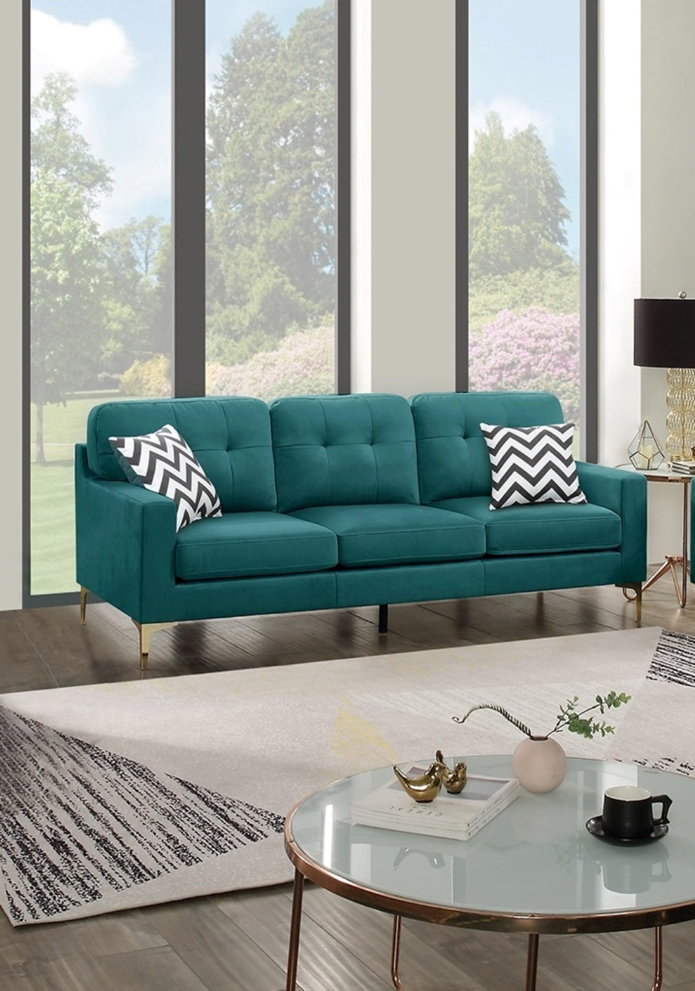 Eye-Catching Attractive 2pc Sofa Set Teal Blue Velvet Fabric Sofa Loveseat w Pillows Couch Firm Tufted Cushions Living Room