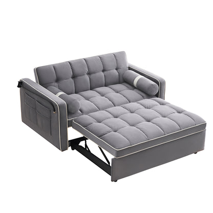 Sleeper Sofa Couch w/Pull Out Bed, 55" Modern Velvet Convertible Sleeper Sofa Bed, Small Love seat Sofa Bed w/Pillows & Side Pockets for Small Space, Living Room, Apartment,Gray