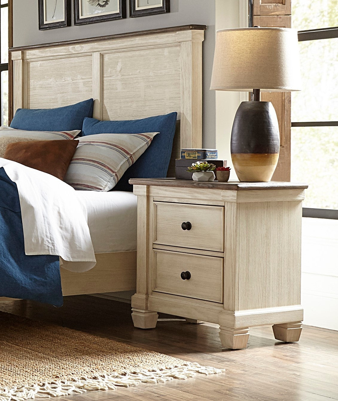 Transitional Rustic Style 1pc Nightstand of 2x Drawers Antique White and Rosy Brown Bedroom Furniture