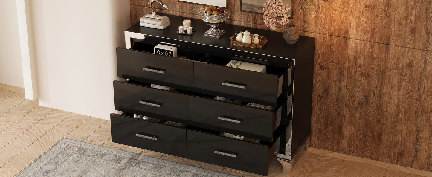 Elegant High Gloss Dresser with Metal Handle,Mirrored Storage Cabinet with 6 Drawers for Bedroom,Living Room,Black
