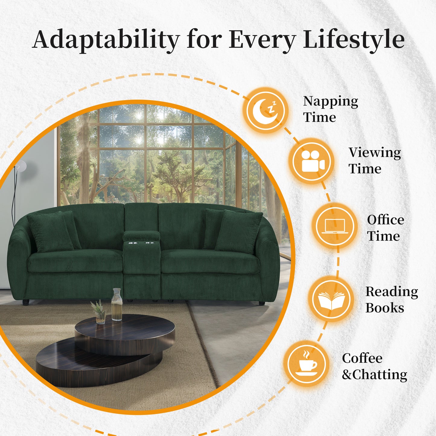 UNITED WE WIN corduroy fabric, two cup holders, storage, oversized two-seat, solid wood frame, high quality sponge filling, curved placement sofa