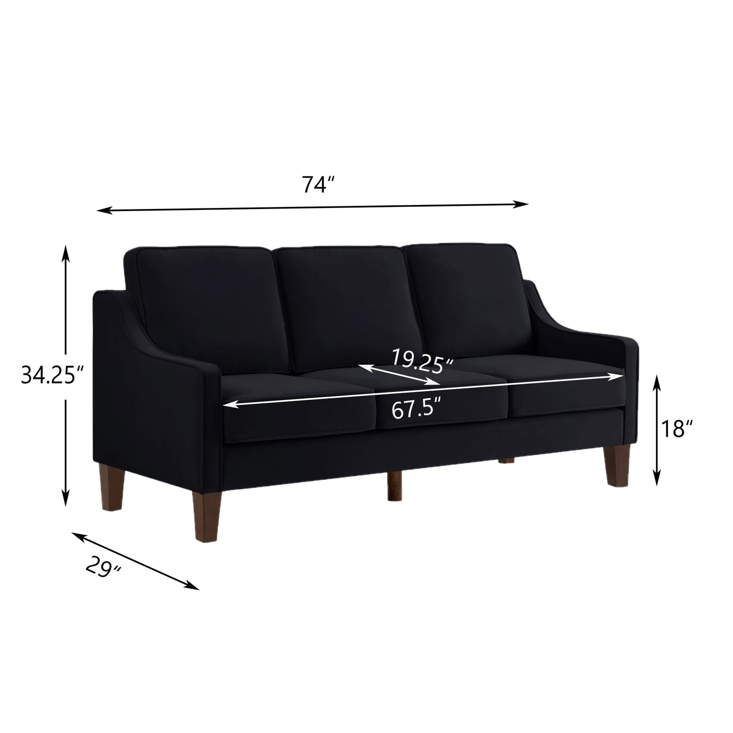 Modern 3 Person seat  Sofa Couch with Scooped Armrest/Wood legs,Upholstered Velvet 3-seat Sofa with Removable Cushions for Livingroom Bedroom,Black