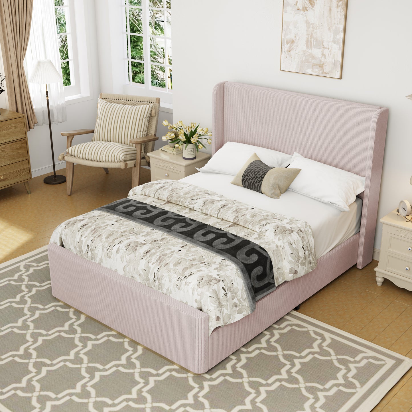 Queen Size Corduroy Upholstered Bed Frame with Vertical Stripe Wingback Headboard and High Footboard, Pink