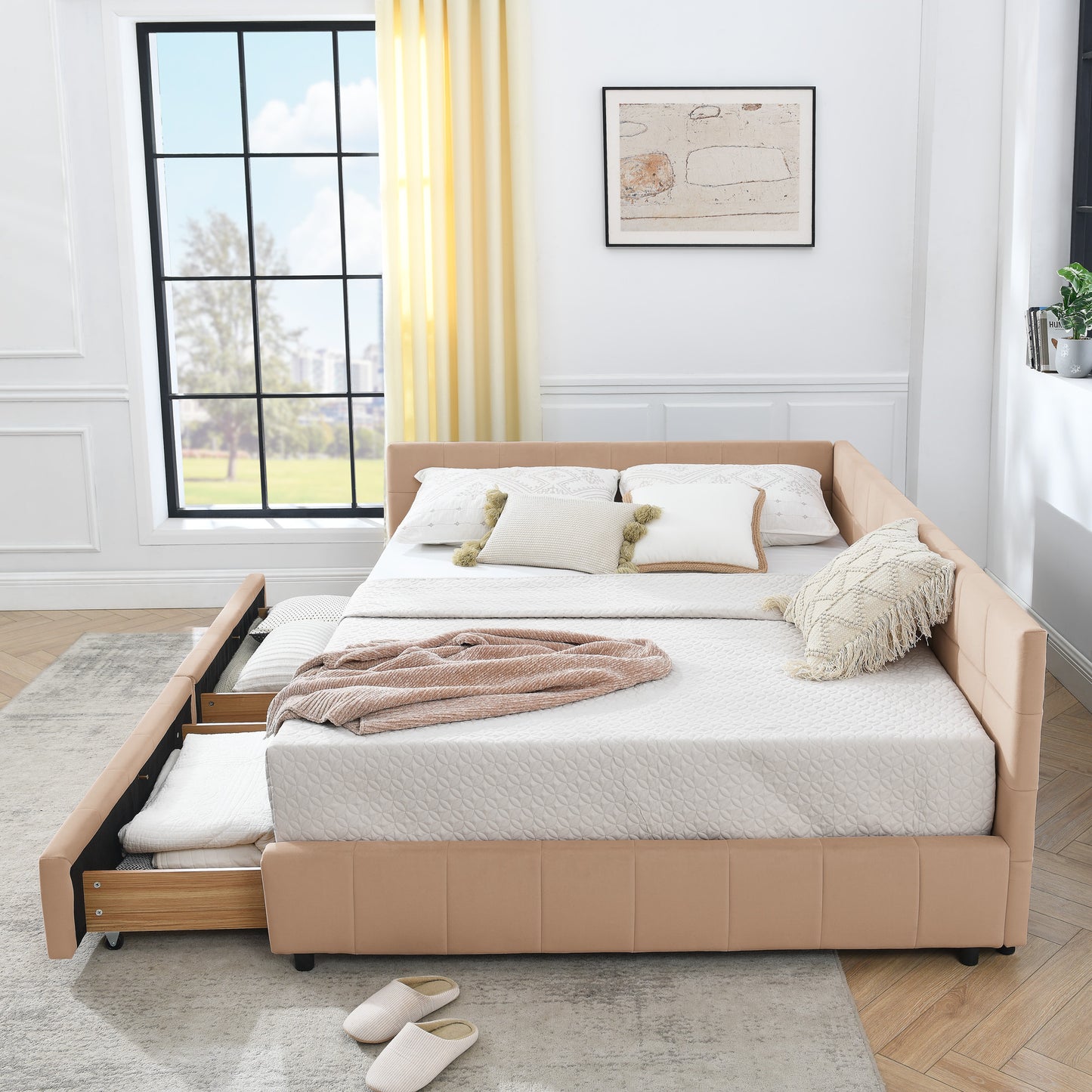 Queen Size Storage Upholstered Tufted Bed Frame, Sofa Bed Frame with Comfortable Backrest and Armrests, Queen Size Bed for Bedroom, Living Room,Velvet, PINK(85.5''*64.5''*29.5'')