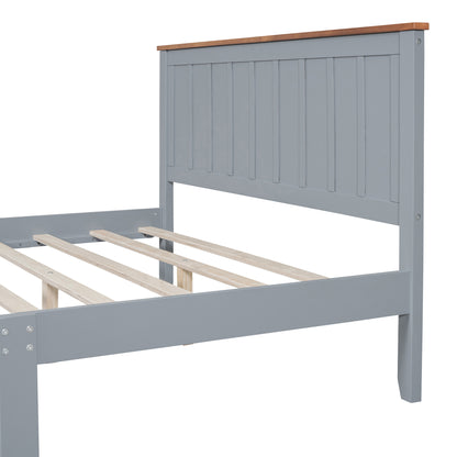 Queen Size Wood Platform Bed Wooden Slat Support, Vintage Simple Bed Frame with Rectangular Headboard and Footboard, Grey