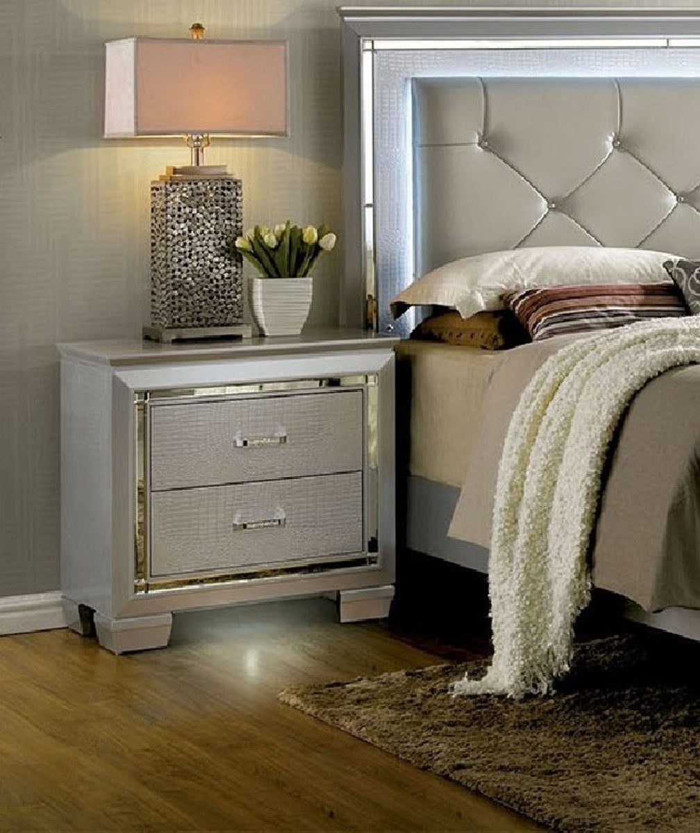 Contemporary 1pc Nightstand Silver Bedside Table LED Light English Dovetail Drawer Bedroom Furniture