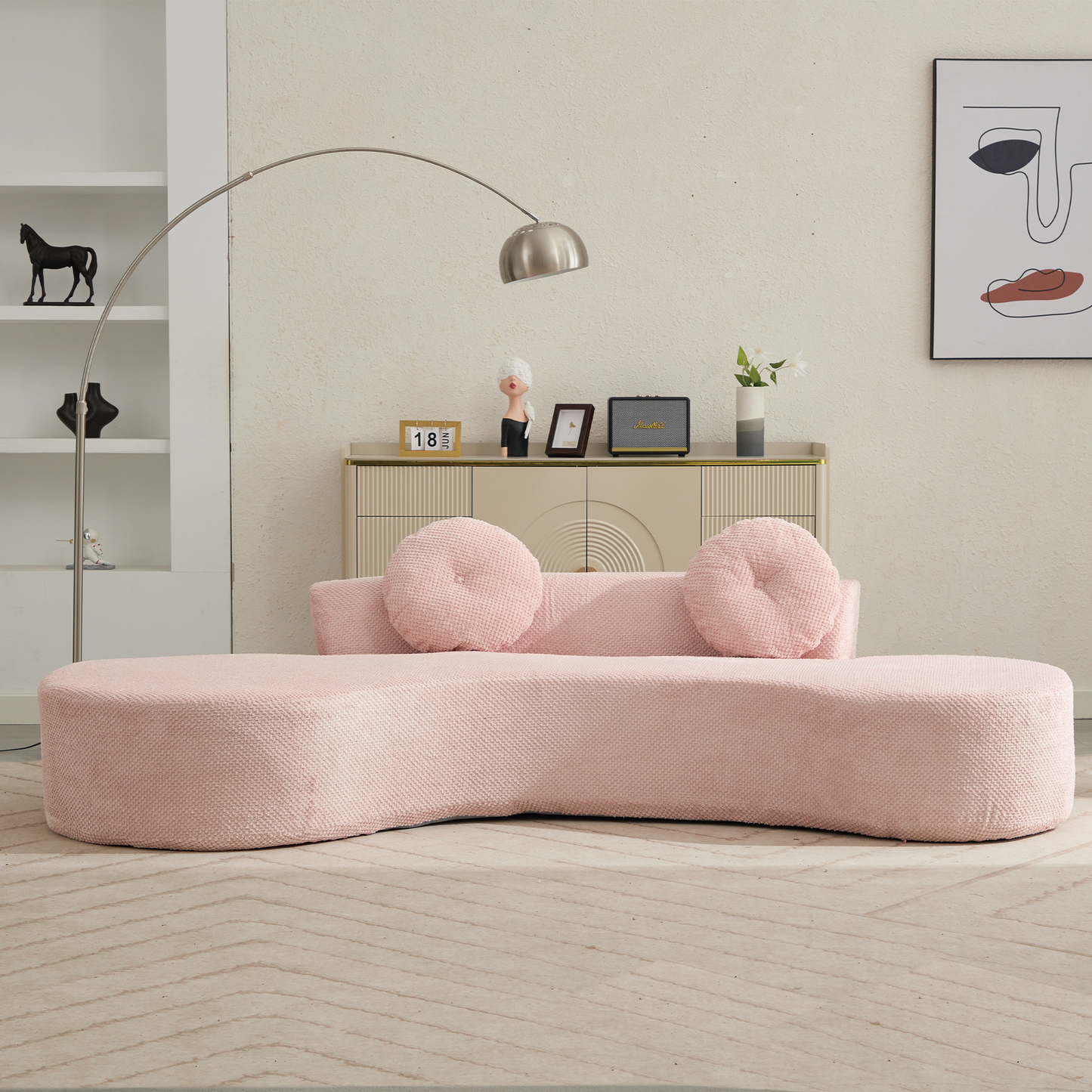 [NEW ARRIVED] [VIDEO PROVIDED]105.5''Curved Sofa, Modern Minimalist Sofa, Cloud Couch Sofa 3-4 Seater Couch with 2 Pillows,Bedroom,  No Assembly Required, Point-shaped corduroy,(Anti-Wrinkle) ,Pink