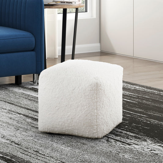 Modern Square Pouf Off-White Faux Fur Fabric Upholstered Ottoman, Footstool, Non-Slip Floor Pouf, Bean Bag Chair, 1pc Sitting Pouf