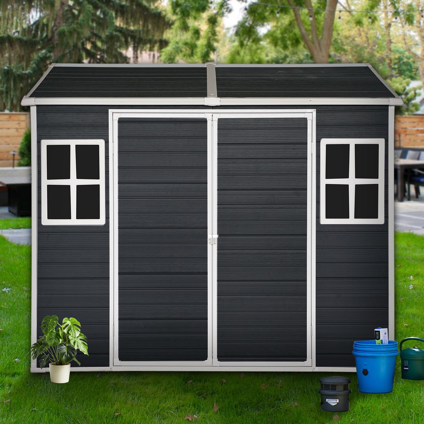 8x6ft Outdoor Resin Garden Shed with Floor and 2 Windows, Plastic Patio Outdoor Storage Shed with Lockable Door for Garden Tools, Bicycles, Trash Cans, Carbon Black