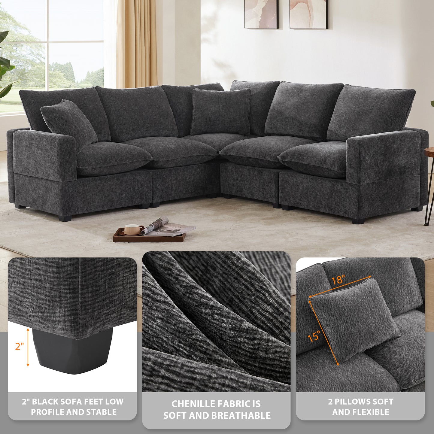 86*86" Modern L Shape Modular Sofa, 5 Seat Chenille Sectional Couch Set with 2 Pillows Included, Freely Combinable Indoor Funiture for Living Room, Apartment, Office, 2 Colors