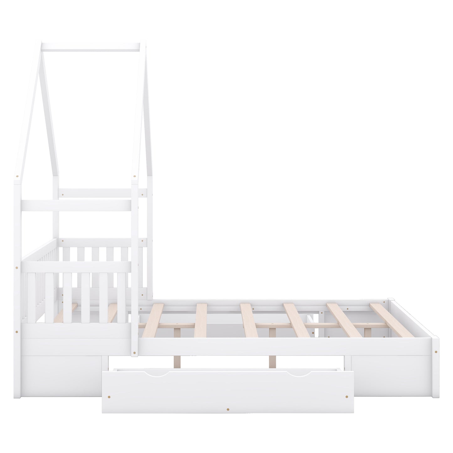 Wood Queen Size House Platform Bed with Guardrail and 2 Drawers, White