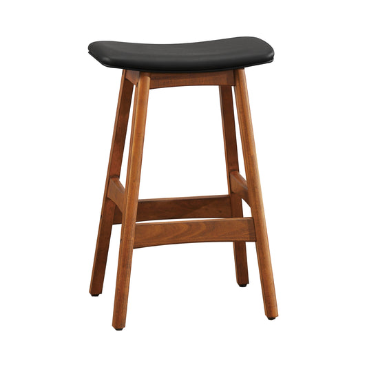 Solid Wood Walnut Finish Counter Height Stools Set of 2 Matt Black Faux Leather Seat Mid-Century Modern Barstools Kitchen Dining Furniture