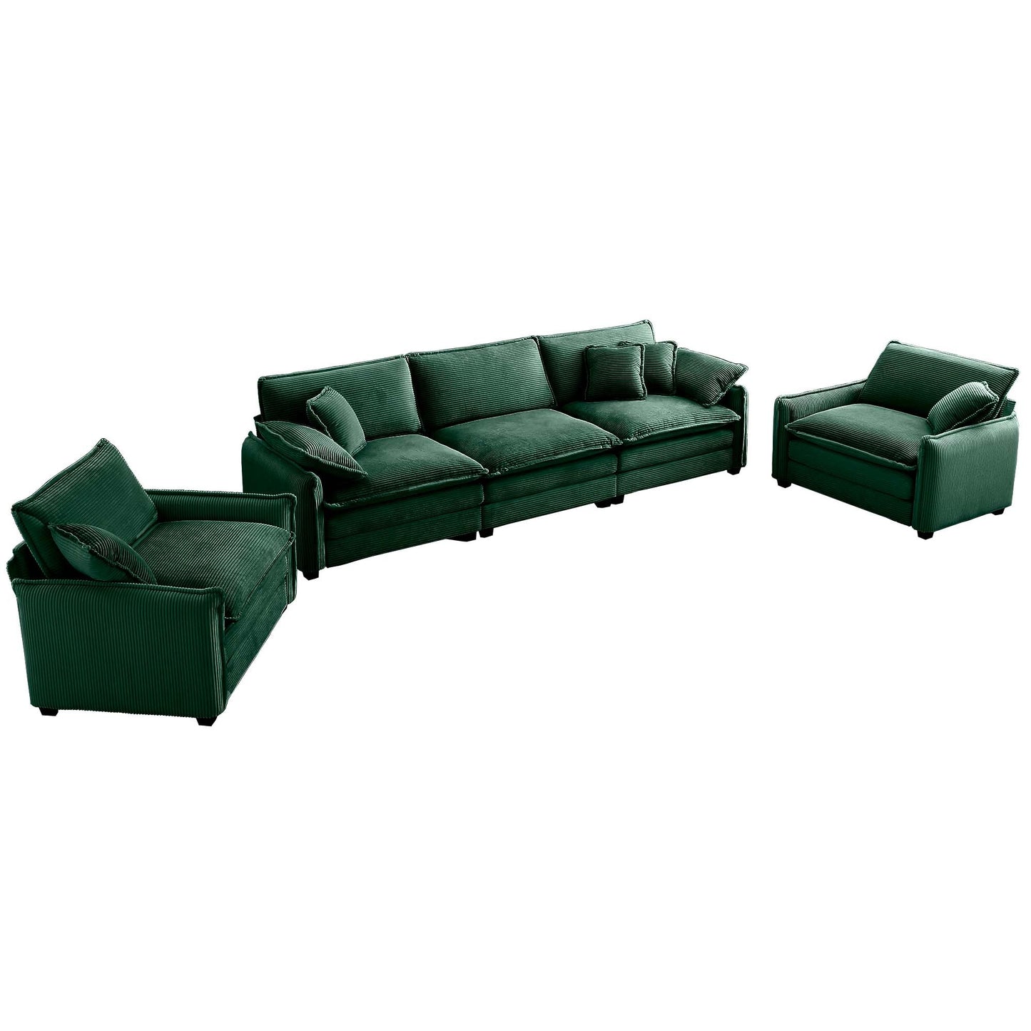 Warm and Cozy Sofa Set with Soft Cushions and Pillows, Home Theater Style Sofa Set Consisting of a 3-Seater Sofa and Two Single Sofas inGreen Corduroy Fabric