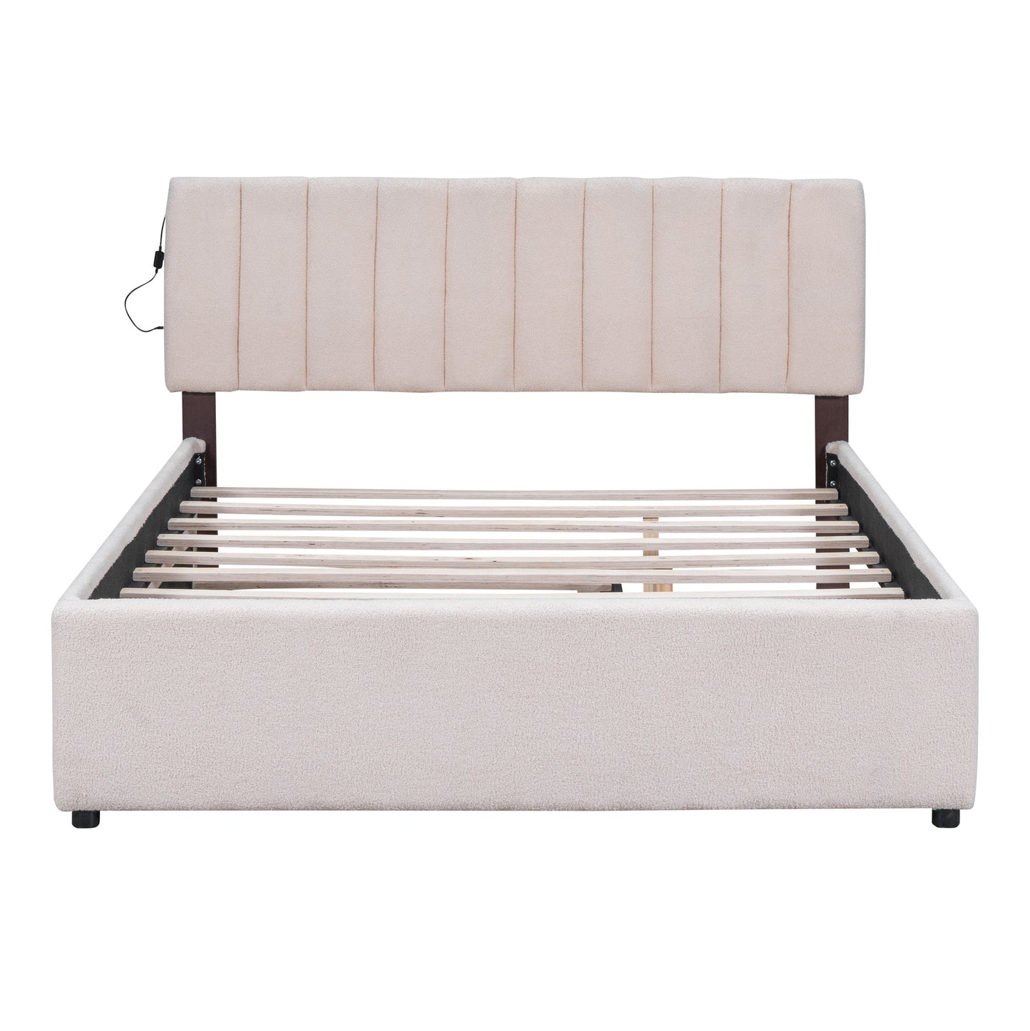 Teddy Fleece Queen Size Upholstered Platform Bed with Twin XL Trundle, Beige