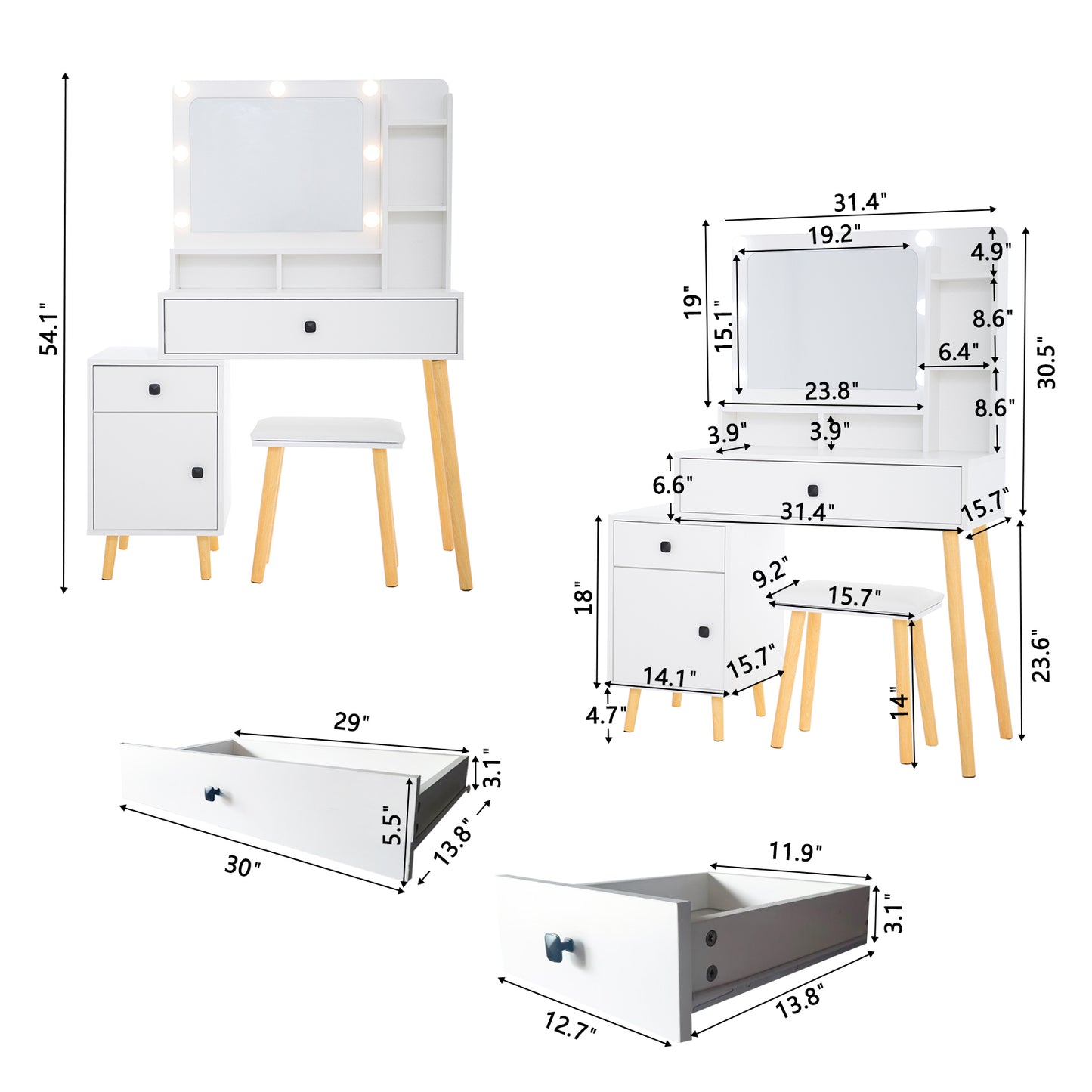 Dressing Table with Hollywood LED Mirror, Light Adjustable Brightness, Dressing Table, Padded Stool Set, White, Wooden Cosmetic Table with Drawer and Storage Cabinet