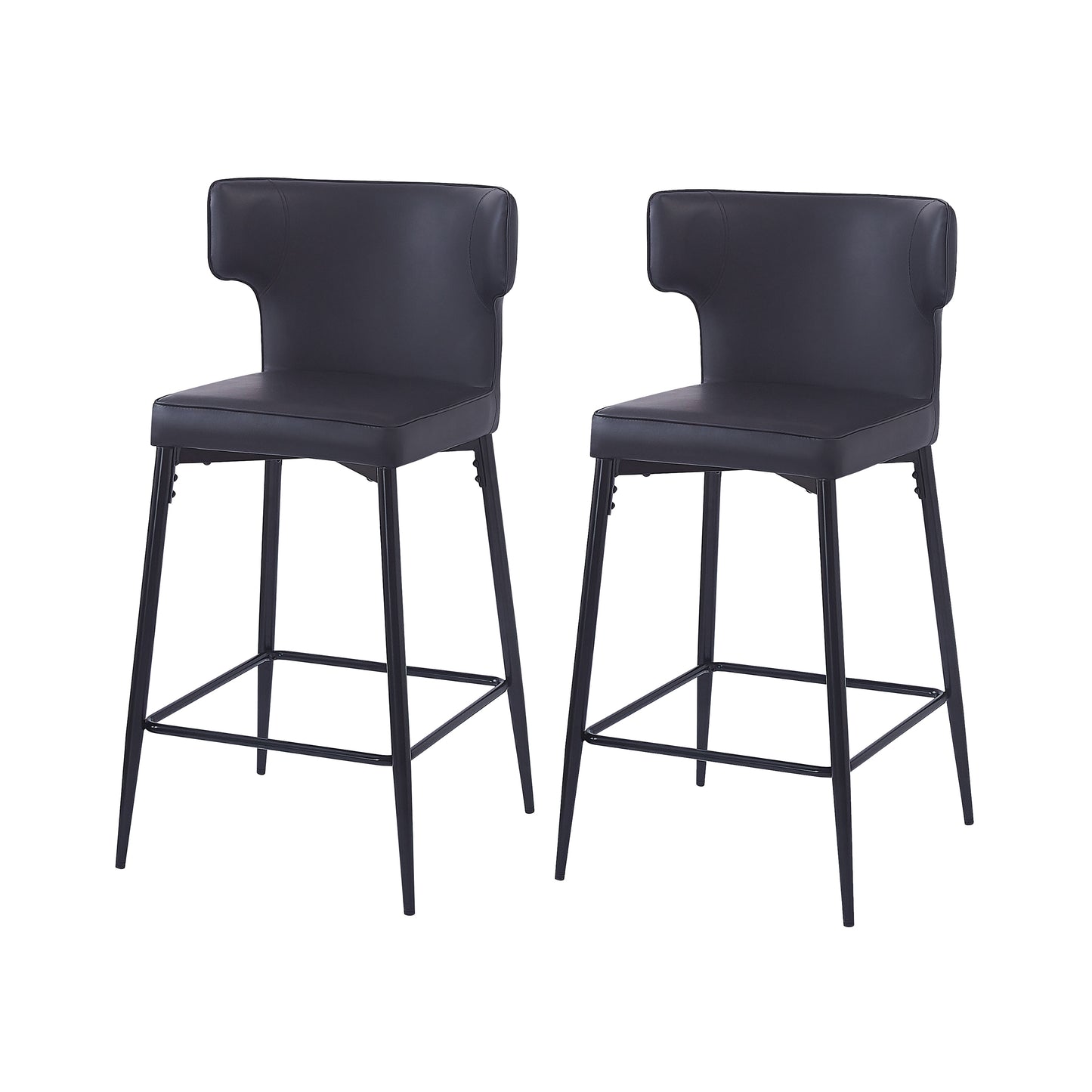 28inch Counter Height Bar Stools Set of 2, Modern Bar Upholstered Chairs with PU Leather, Metal Footrest and Frame for Kitchen Island, Bar Table, Dining Room, Black