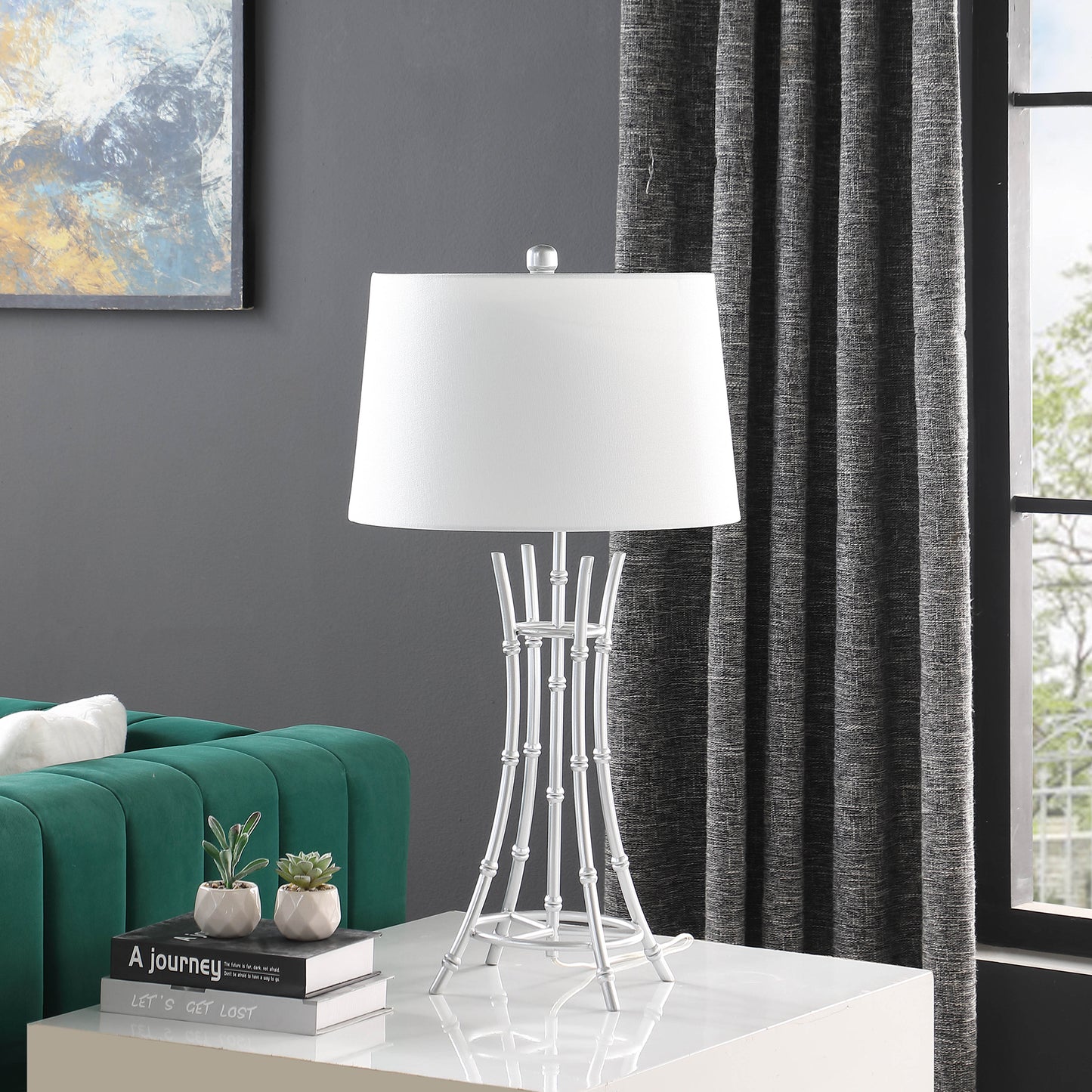 29.25" In Kiara Modern Satin Silver Bamboo Metal Table Lamp