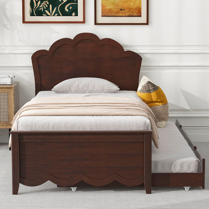 Twin Size Wood Platform Bed with Headboard and Twin Size Trundle, Cappuccino