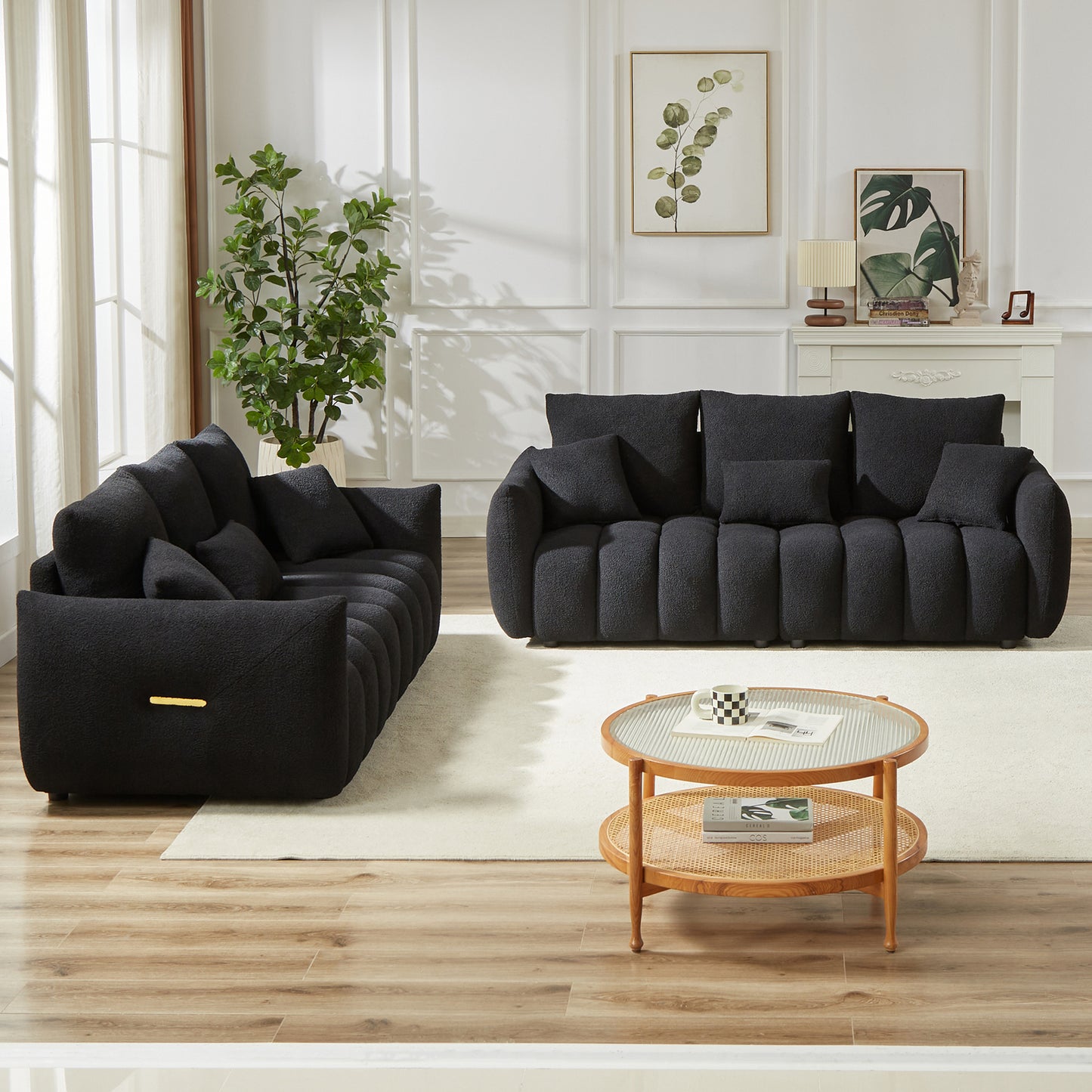 3 Seater + 3 Seater Combo Sofa Modern Living Room Sofa, Teddy Sofa, Wooden Frame, 6 Cushions, Apartment Sofa Furniture