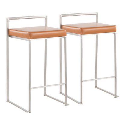 Fuji Contemporary Stackable Counter Stool in Stainless Steel with Camel Faux Leather Cushion by LumiSource - Set of 2