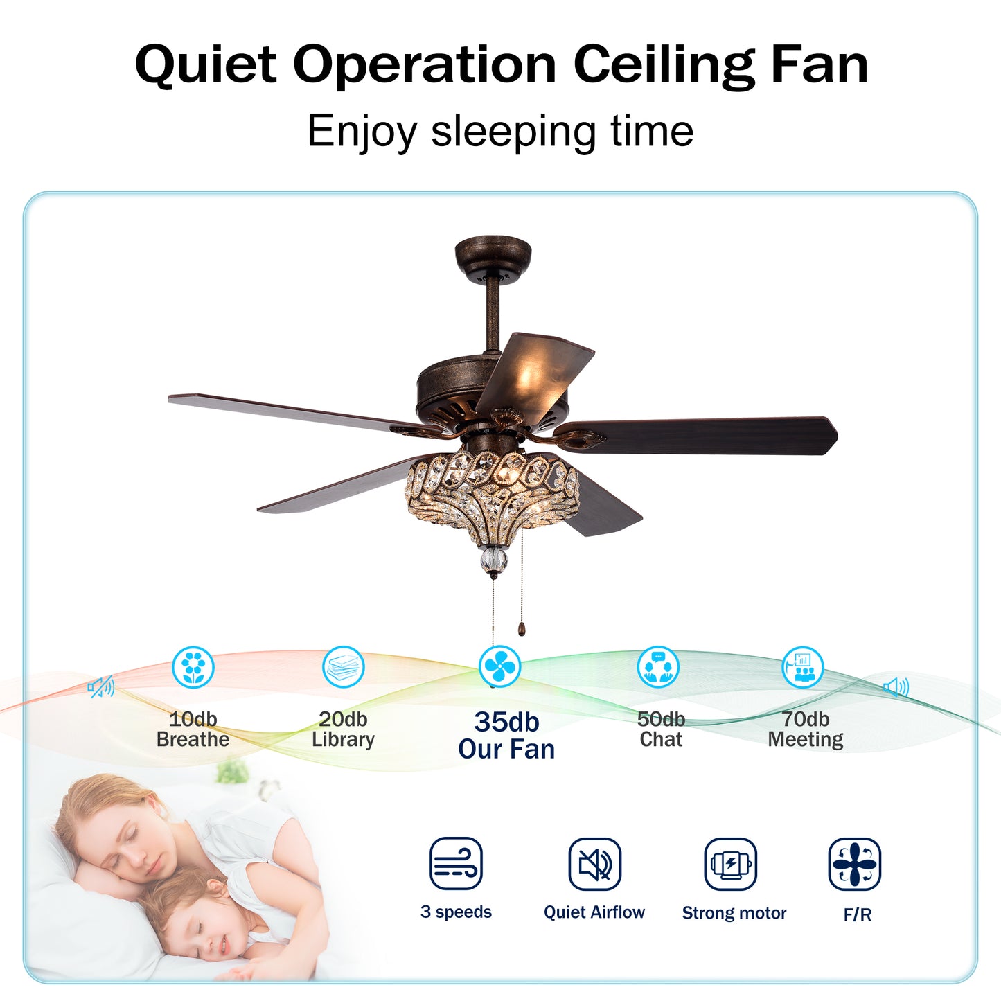 52'' Classical Crystal Ceiling Fan Lamp,3 Speed , 5 Reversible Blades for Living Room, Dining Room, Bedroom, Family Room, Rustic bronze ,3PCS*E12  (NO Include Bulb, Hand 
Pull Chain)