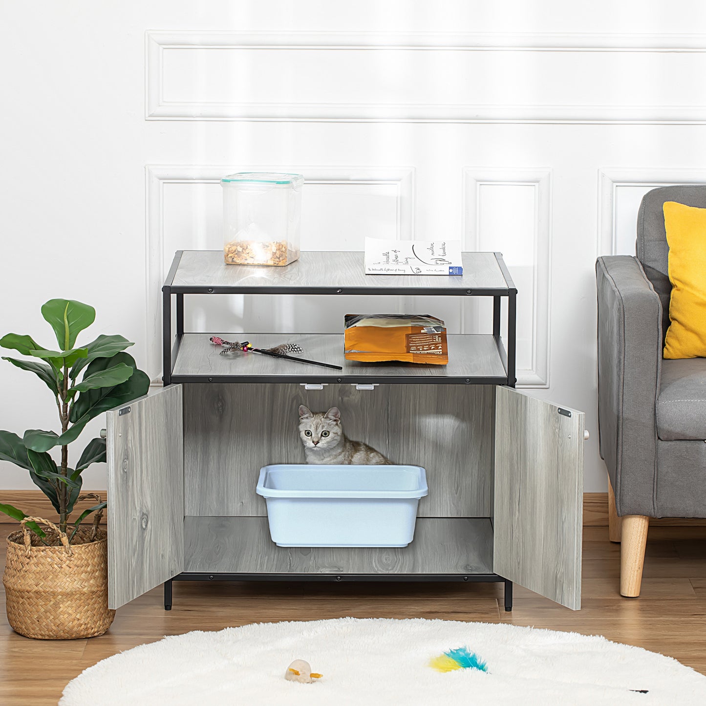 PawHut Wooden Cat Litter Box Enclosure, Hidden Kitten Washroom, Indoor End Table with Magnetic Doors & Storage Shelves, Gray