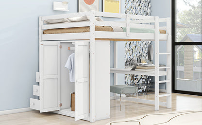 Wood Full Size Loft Bed with Built-in Wardrobe, Desk, Storage Shelves and Drawers, White