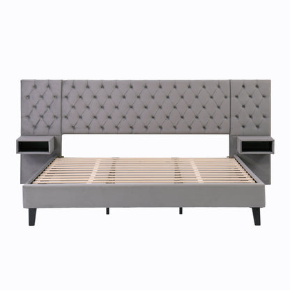 King Size Platform Bed with Headboard, Modern Velvet Upholstered Platform Bed with 2 Nightstands, with diamond tufted, Grey