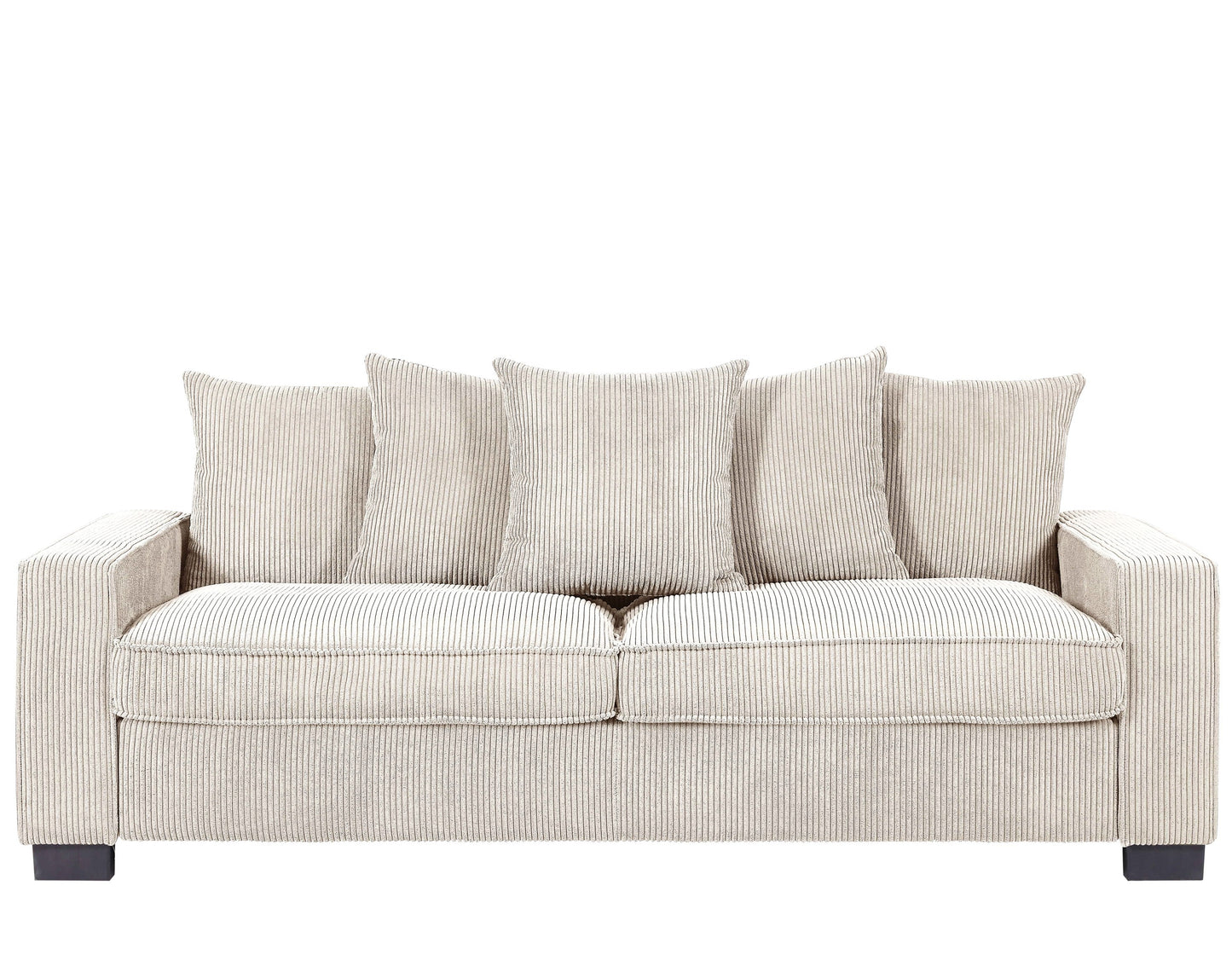 Luxe Corduroy Sofa with 5 Matching Toss Pillows, Sleek Design, Spacious and Comfortable 3 Seater Couch for Modern Living Room, Large, Ivory