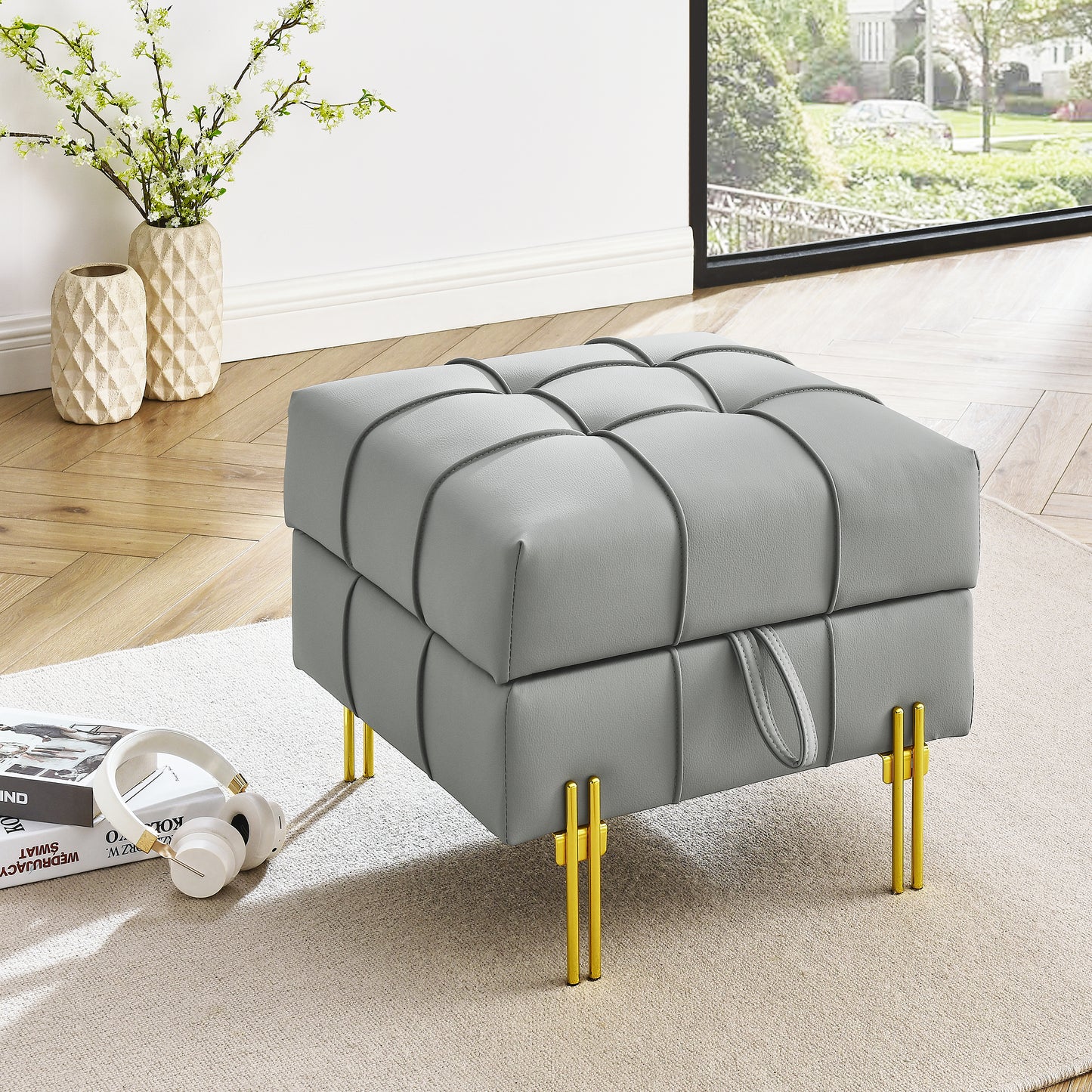 22 inches Anti-scratch Leather Storage Ottoman, Pet Friendly Entryway Bench with Golden Stainless Steel Legs, Gray