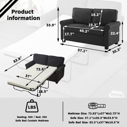 Love seat Sofa Sleeper With Memory Foam Mattress Rolled Arms,Linen Polyester Fabric,Wood and Metal Frame,Plastic Legs Sofa bed Sofa bed, black