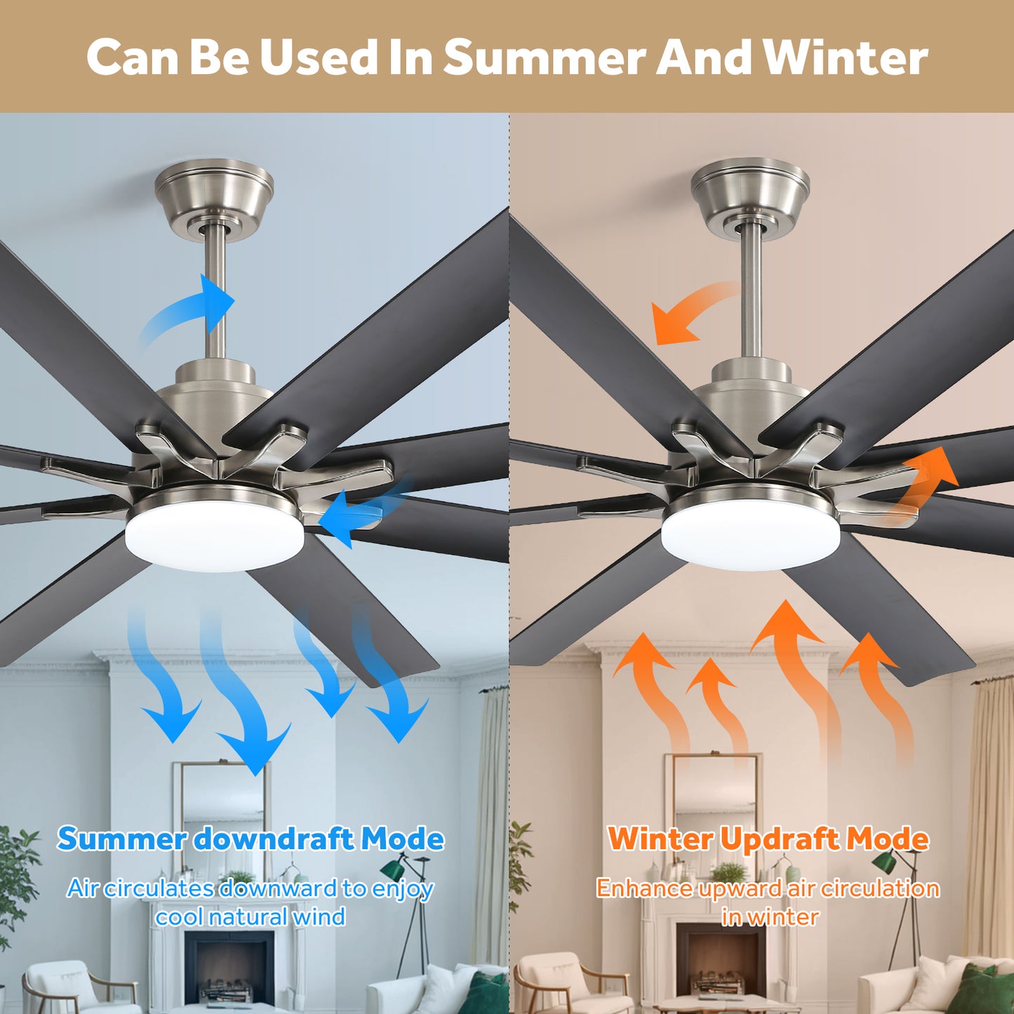 66 Inch Large Ceiling Fan With Dimmable Led Light 8 ABS Blades Smart Remote Control Reversible DC Motor For Living Room