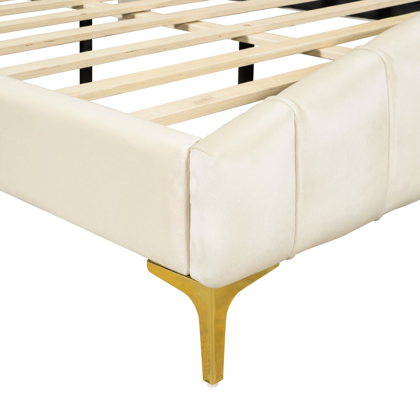 Queen Size Velvet Platform Bed with Thick Fabric, Stylish Stripe Decorated Bedboard and Elegant Metal Bed Leg, Beige