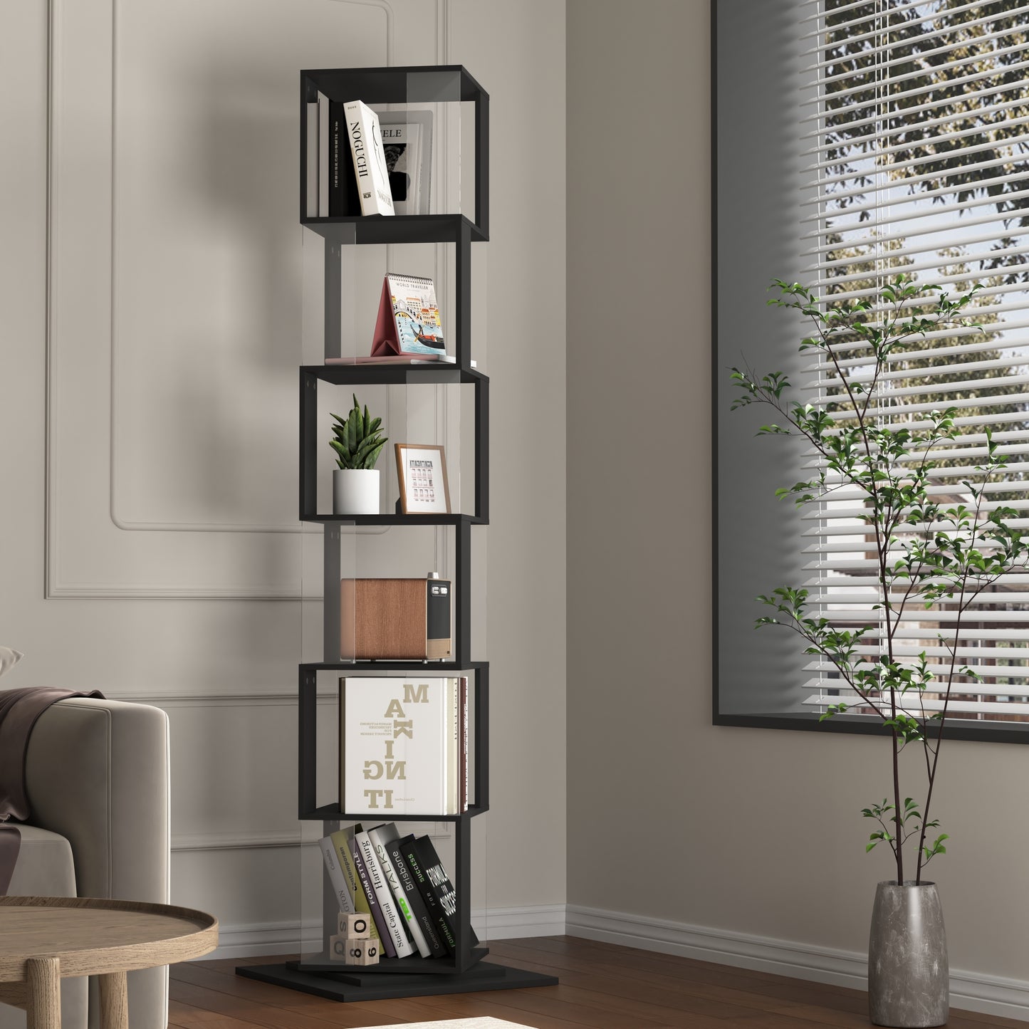 6 tier Rotating Bookshelf, Floor Rack Simple Bookcase  with Acrylic plate Student Multi-Function Creative Bookshelf for Living Room with anti-toppling base