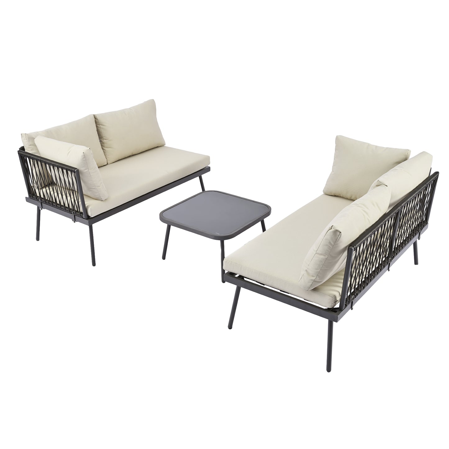 TOPMAX Modern Outdoor 3-Piece PE Rattan Sofa Set All Weather Patio Metal Sectional Furniture Set with Cushions and Glass Table for Backyard, Poolside, Garden,Black,L-Shaped