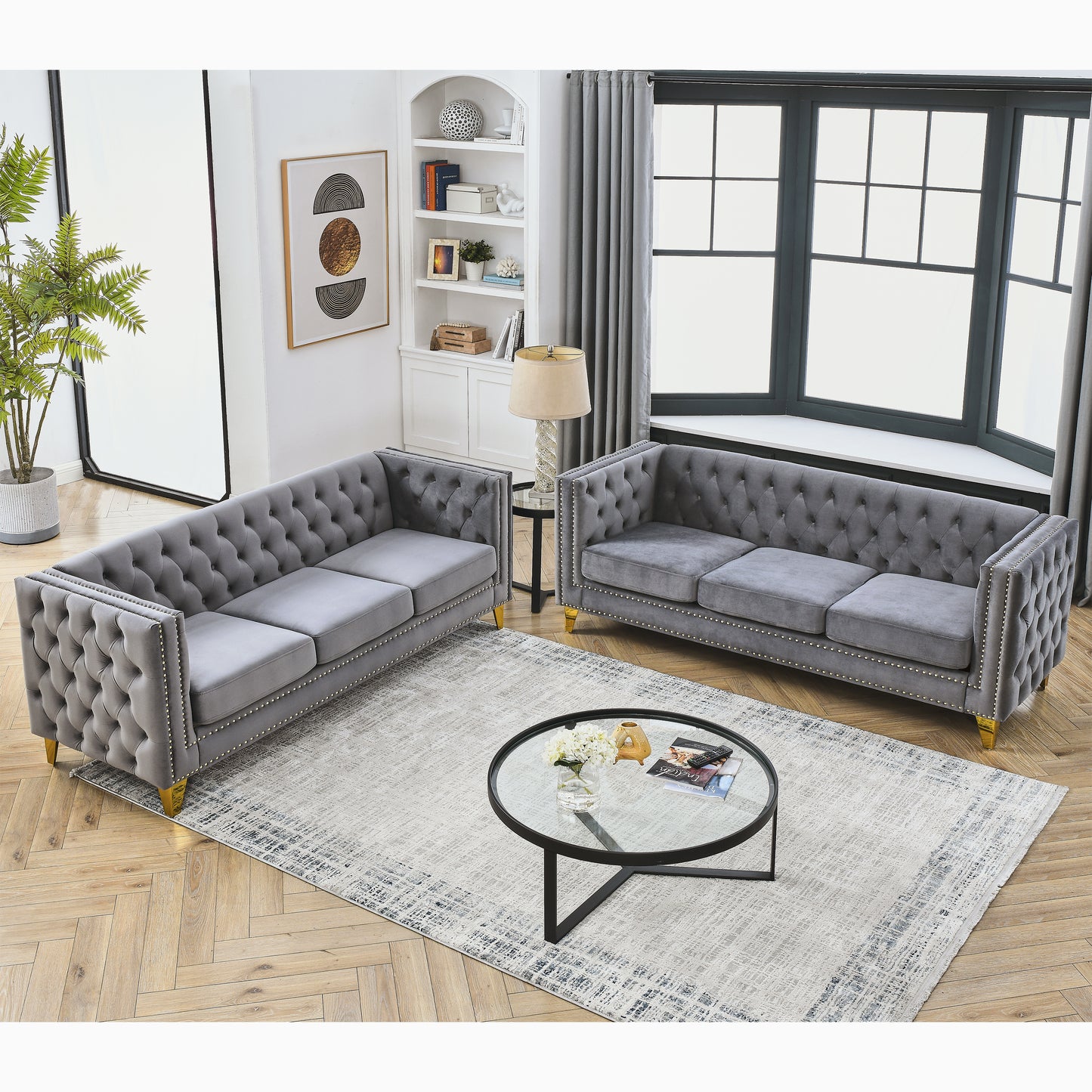 Velvet Sofa for Living Room,Buttons Tufted Square Arm Couch, Modern Couch Upholstered Button and Metal Legs, Sofa Couch for Bedroom, Grey Velvet .2PCS