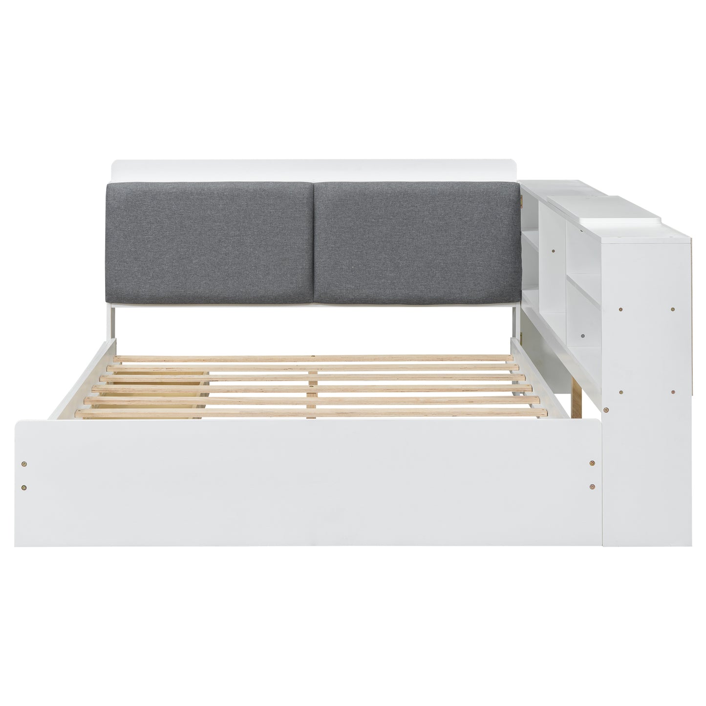 Wood Full Size platform bed with Storage Headboard, Shelves and 2 Drawers, White