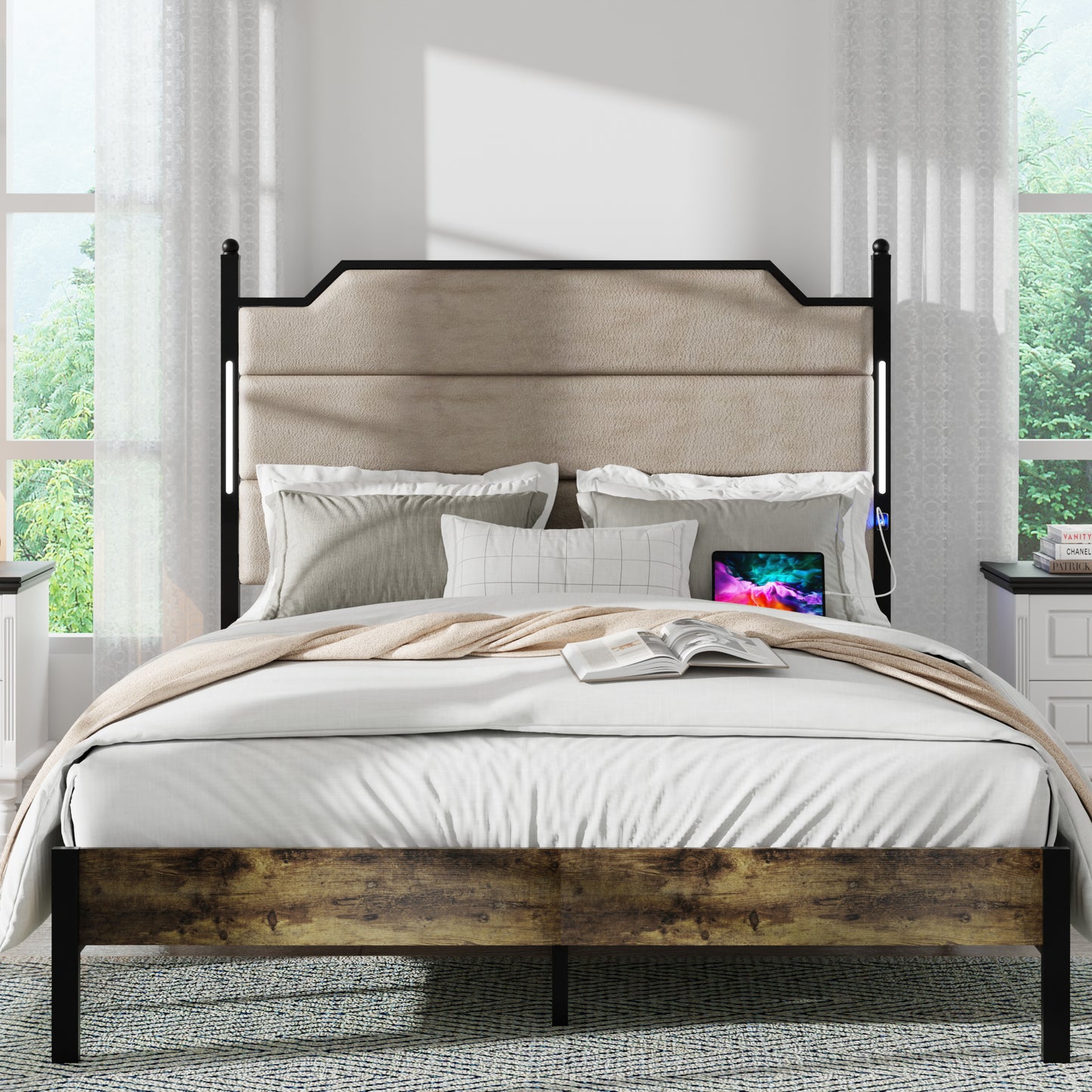 Queen Size Bed Frame with Upholstered Headboard , Queen Bed Frame with Charging Station and LED Lights, Wood Slats, Easy Assembly,No Box Spring Needed,Industrial Brown