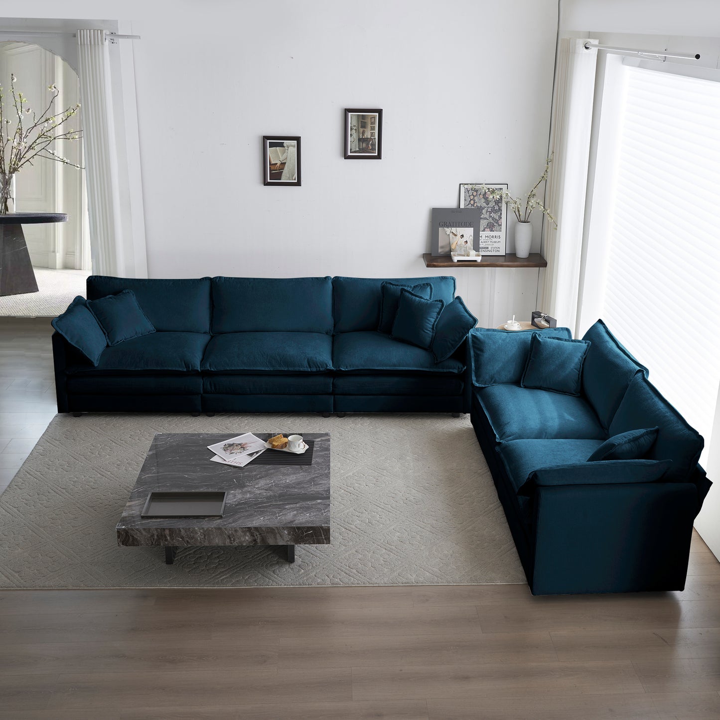 Sofa Set of 2 Chenille Couch, 2+3 Seater Sofa Set Deep Seat Sofa, Modern Sofa Set for Living Room, Blue Chenille
