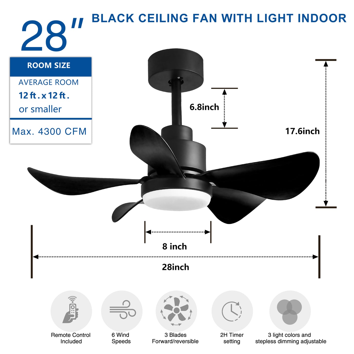 28' Ceiling Fans with Lights and Remote/APP Control, Low Profile Ceiling Fans with 5 Reversible Blades 3 Colors Dimmable 6 Speeds Ceiling Fan for Bedroom Kitchen