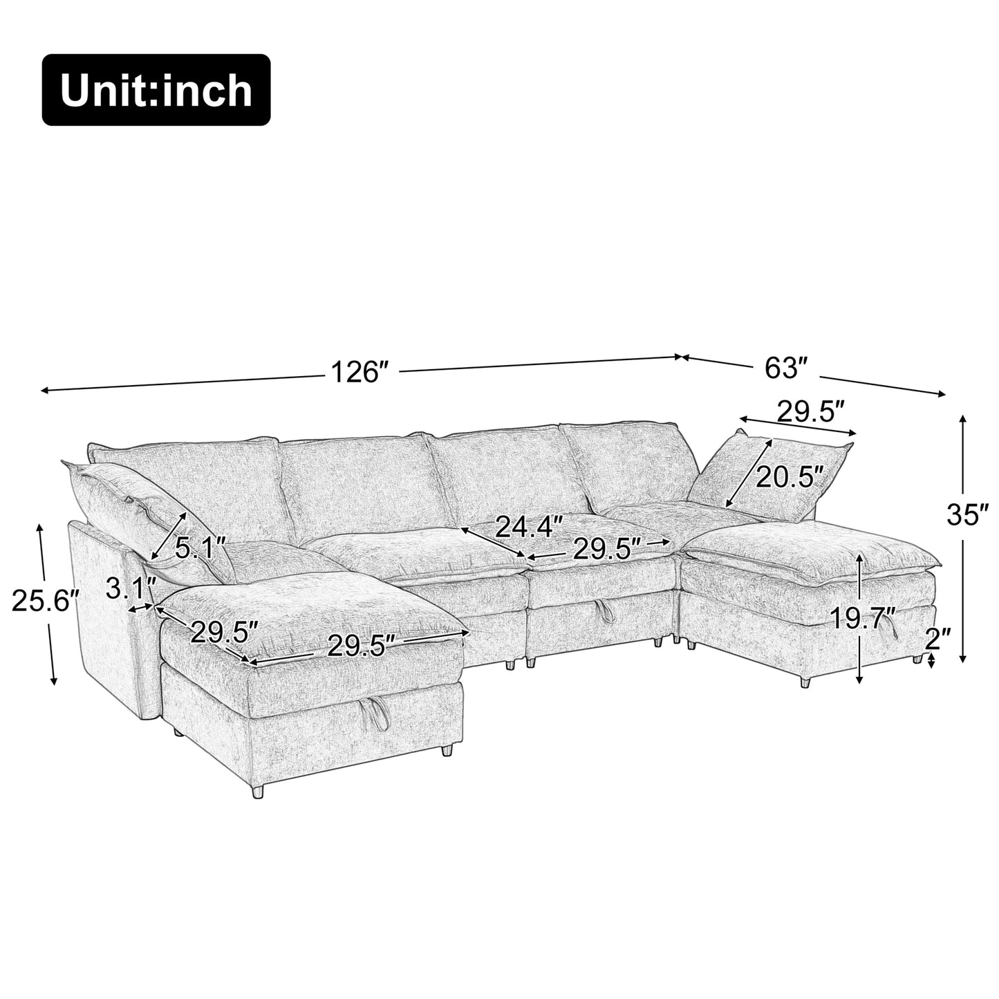 Mirod 126'' Versatile 6-Piece Modular Sofa Bed with Storage,Stylish Faux Double-Layer Cushions,Comfortable & Durable Design,Perfect for Any Living Space