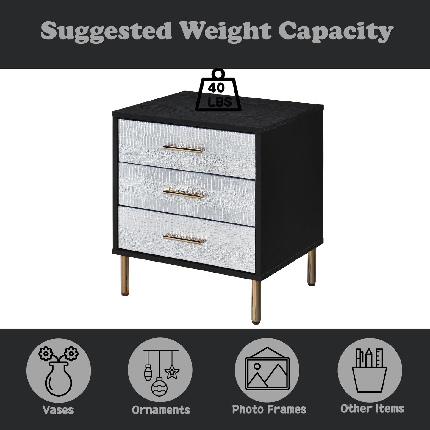 Myles Black, Silver & Gold Finish Nightstand