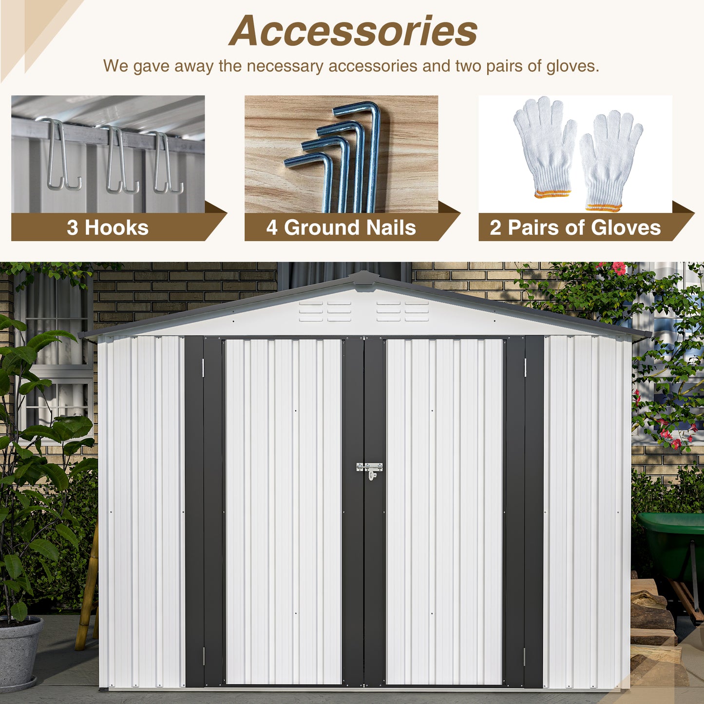 8 x 6 ft Outdoor Storage Shed, All Weather Metal Sheds with  2 Lockable Doors, Tool Shed for Garden, Backyard, Lawn,White