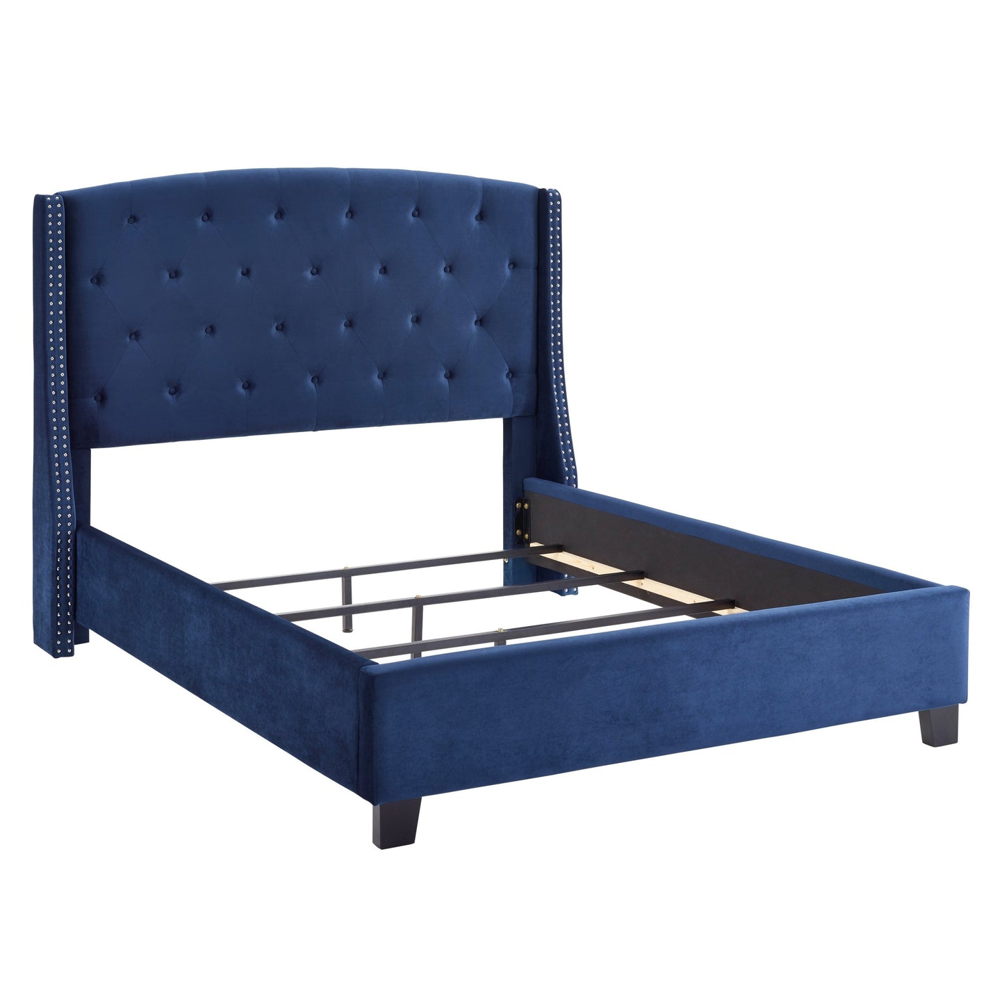 Summit Fabric Button Tufted Wingback Upholstered Bed with Nail Head Trim, Blue