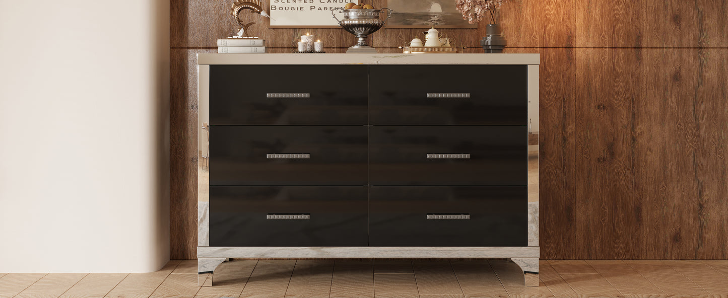 Elegant High Gloss Dresser with Metal Handle,Mirrored Storage Cabinet with 6 Drawers for Bedroom,Living Room,Black