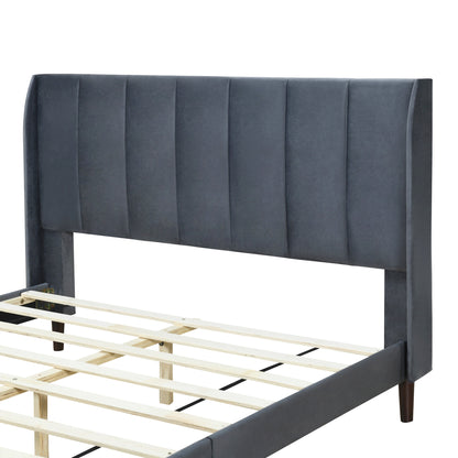 Queen Size Upholstered Platform Bed, Velvet, Gray