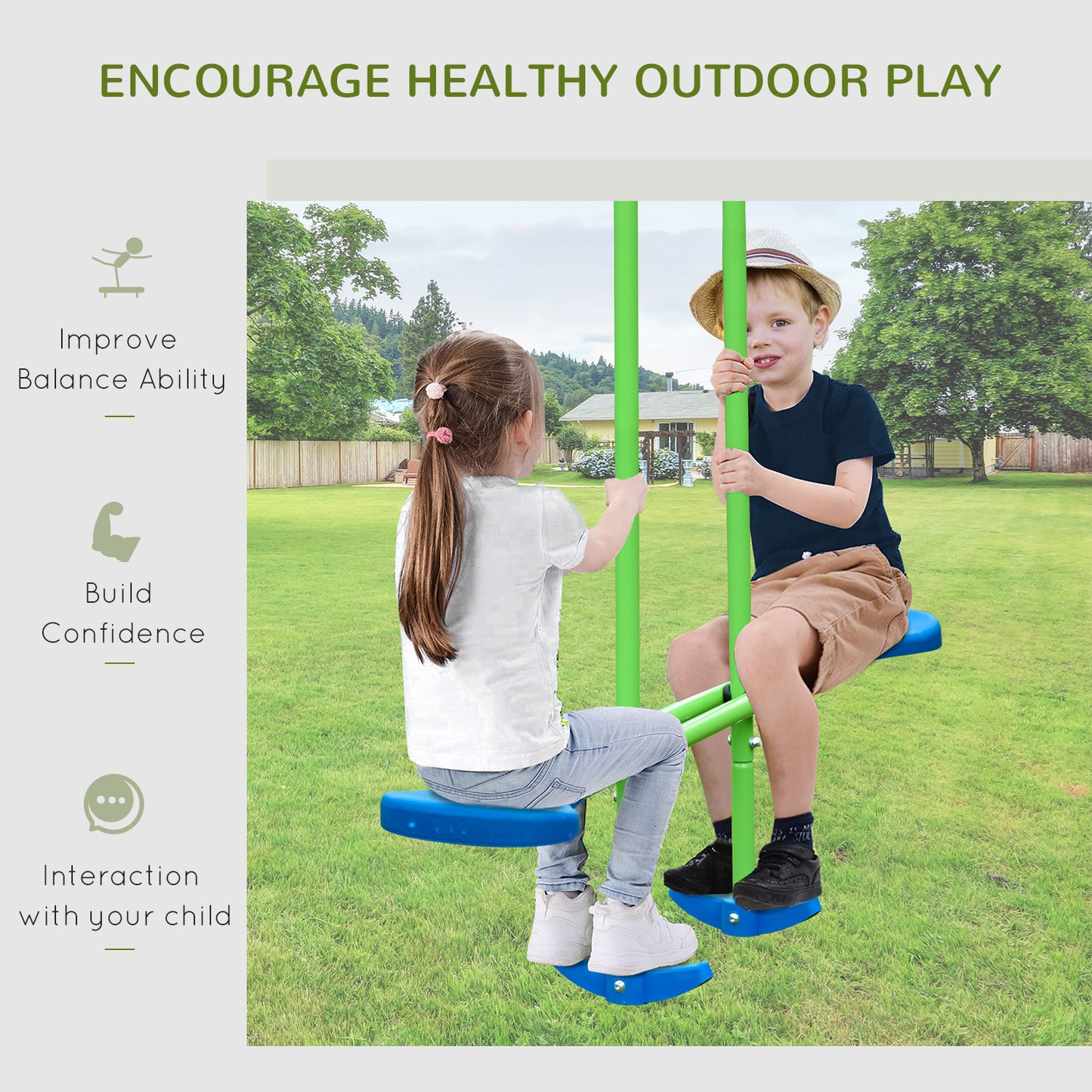 Outsunny Metal Swing Set with Glider, Two Swing Seats and Adjustable Height, Outdoor Heavy Duty A-Frame Suitable for Playground, Backyard, Green