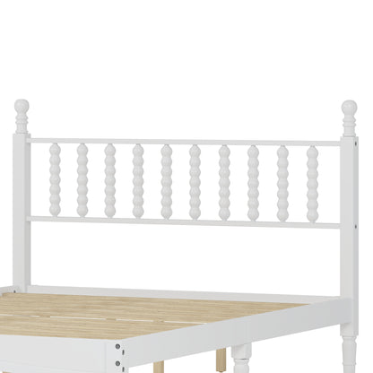 Queen Size Wood Platform Bed with Gourd Shaped Headboard,Retro Style Platform Bed with Wooden Slat Support,White