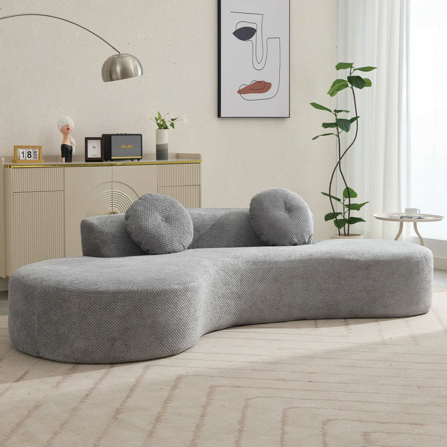 [NEW ARRIVED] [VIDEO PROVIDED]105.5''Curved Sofa, Modern Minimalist Sofa, Cloud Couch Sofa 3-4 Seater Couch with 2 Pillows,Bedroom,  No Assembly Required, Point-shaped corduroy,(Anti-Wrinkle) , Gray